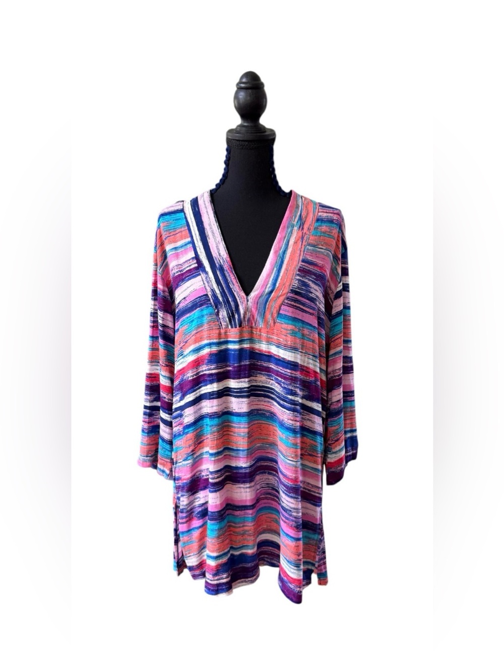 Liz Claiborne Multicolor Striped V-Neck Tunic - Pink, Blue, Purple